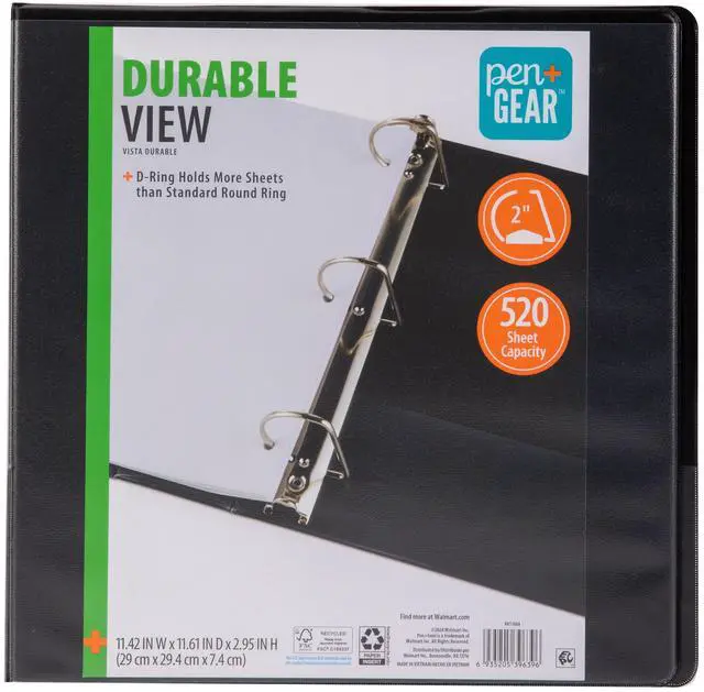 Main image of Pen+Gear 3-Ring Durable View Binder, 2" D-Rings, Black, 1 Count