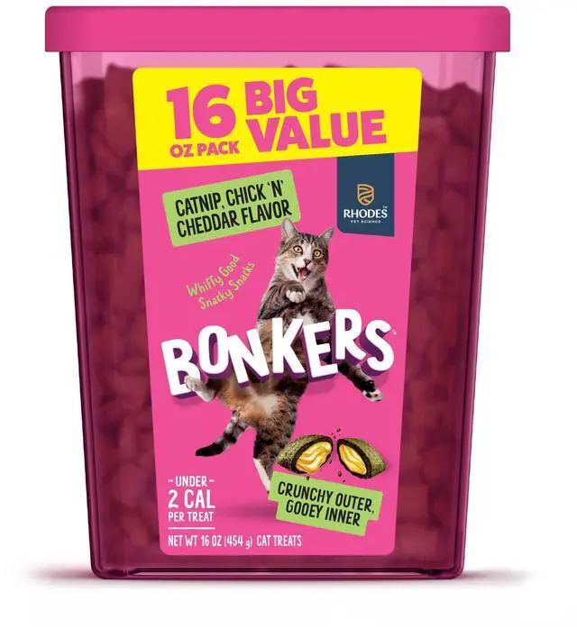 Main image of BONKERS Bites Crunchy & Soft Cat Treats, Catnip & Chick 'N' Cheddar Flavor, 16oz Tub