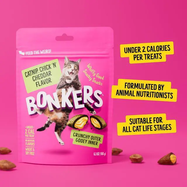 Alt view image 4 of 5 - BONKERS Bites Crunchy & Soft Cat Treats, Catnip & Chick 'N' Cheddar Flavor, 16oz Tub