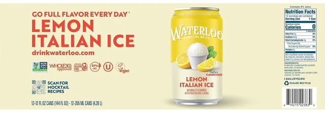 Alt view image 6 of 6 - Waterloo Sparkling Water Lemon Italian Ice, 12 Fl Oz Cans, 12-Pack