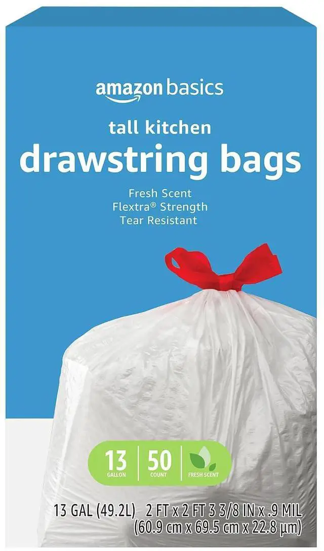 Main image of Basics Flextra Strength Tall Kitchen Drawstring Trash Bags, Fresh Scent, Tear Resistant, 13 Gallon, 50 Count
