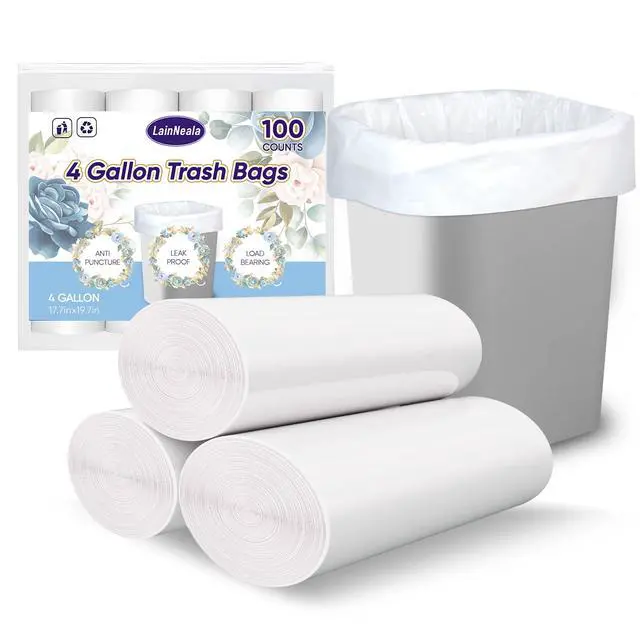 Main image of LainNeala 4 Gallon Small Trash Bags, 100 Count White Mini Garbage Bags for Bathroom, Unscented Trash Can Liners