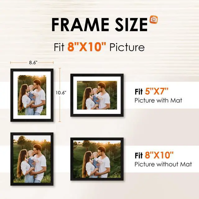 Alt view image 6 of 6 - FIXSMITH Set of 2 8x10 Picture Frames, HD Plexiglass, Display 5x7 with Mat or 8x10 Without Mat, Multiple Picture Frame Collage for Tabletop or Wall Display, Black