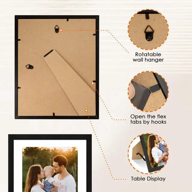 Alt view image 2 of 6 - FIXSMITH Set of 2 8x10 Picture Frames, HD Plexiglass, Display 5x7 with Mat or 8x10 Without Mat, Multiple Picture Frame Collage for Tabletop or Wall Display, Black