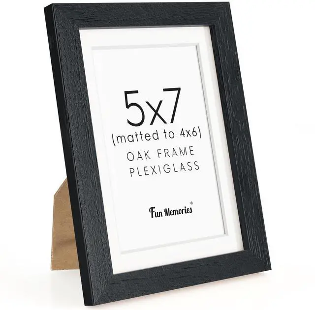 Main image of Fun Memories Solid Oak Wood 5x7 Picture Frame, Black, for Wall & Tabletop Display, Includes Mat for 4x6 Photo, Plexiglass, 1 Pack