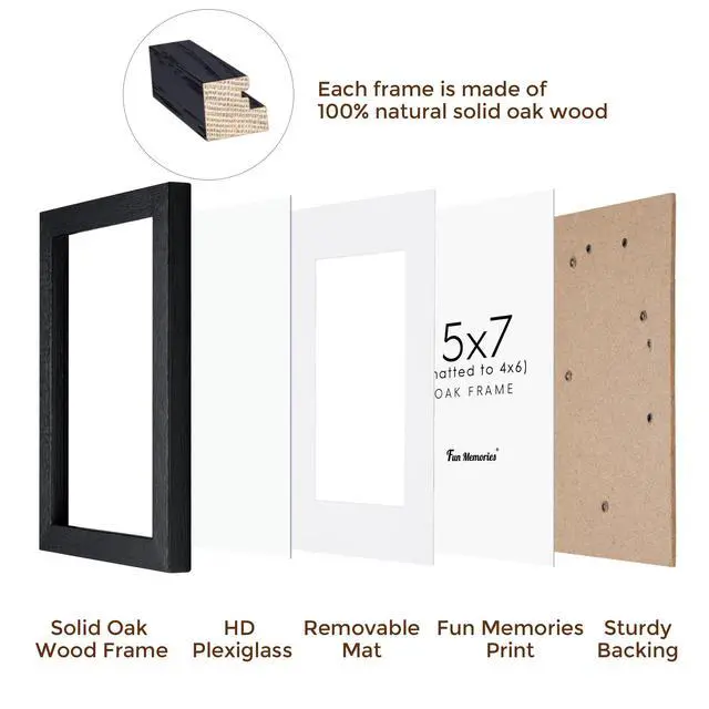 Alt view image 5 of 6 - Fun Memories Solid Oak Wood 5x7 Picture Frame, Black, for Wall & Tabletop Display, Includes Mat for 4x6 Photo, Plexiglass, 1 Pack