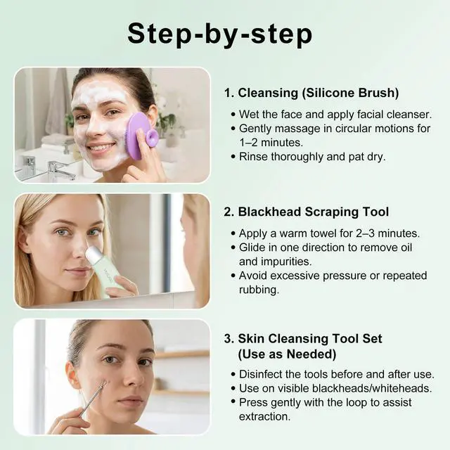 Alt view image 3 of 6 - 304 Stainless Steel Blackhead Remover Tools for Face and Nose, Pore Extractor Spatula for Deep Pore Cleaning with Soft Silicone Cleansing Brush and 4 Blackhead Needles