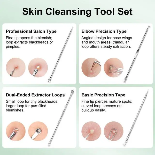 Alt view image 5 of 6 - 304 Stainless Steel Blackhead Remover Tools for Face and Nose, Pore Extractor Spatula for Deep Pore Cleaning with Soft Silicone Cleansing Brush and 4 Blackhead Needles