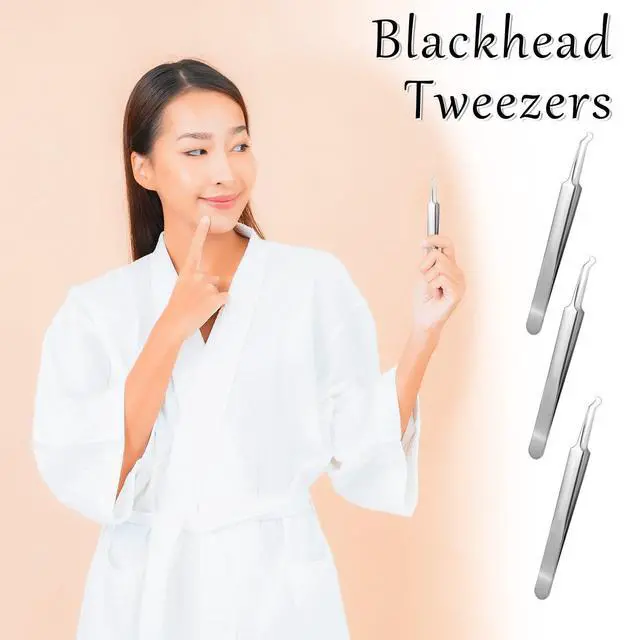 Alt view image 7 of 7 - 3 Pieces Stainless Steel Pimple Extractor Blackhead Tweezers Needle Nose Tweezers Pimple Popper Curved Tweezers Pimples Tweezer Extractor Tool Pore Tweezer for Skin White