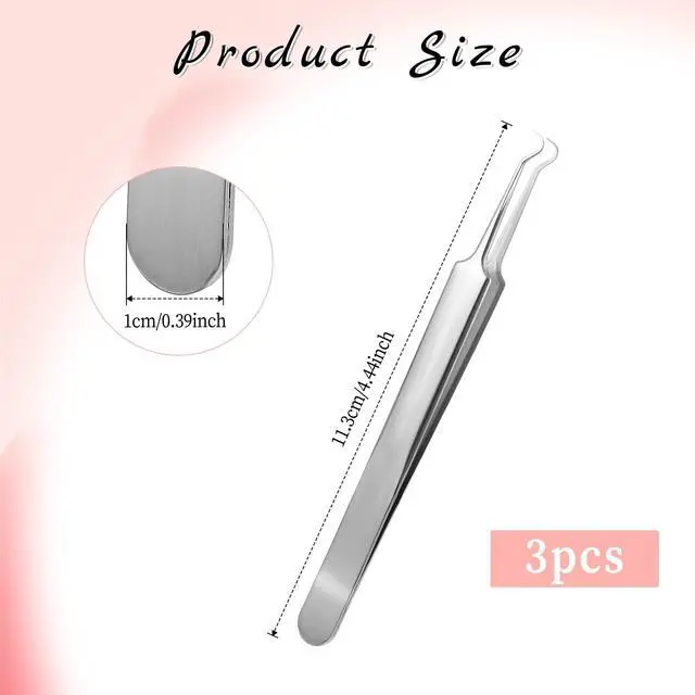 Alt view image 5 of 7 - 3 Pieces Stainless Steel Pimple Extractor Blackhead Tweezers Needle Nose Tweezers Pimple Popper Curved Tweezers Pimples Tweezer Extractor Tool Pore Tweezer for Skin White