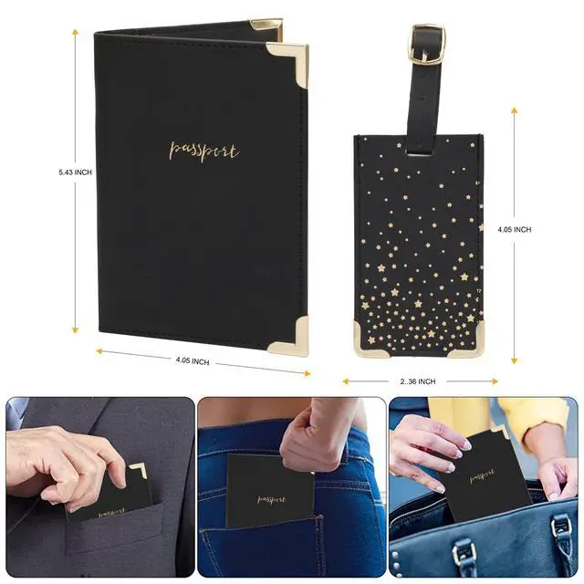 Alt view image 3 of 7 - Luggage Tag with Passport Holder Cover for Women Gift Set, Synthetic Vegan PU Leather Wallet Travel Accessories, Cruise Essentials (Black)