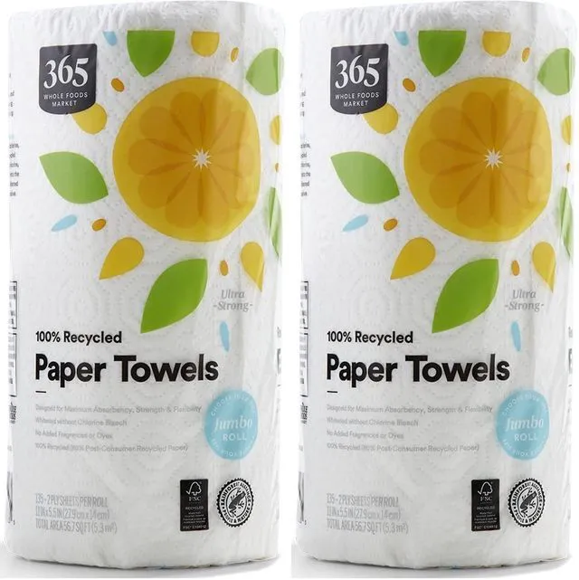 Main image of 365 by Whole Foods Market 100% Recycled Jumbo Paper Towels Ultra-Strong, 135 Sheets per Roll, 1 Count (Pack of 2)