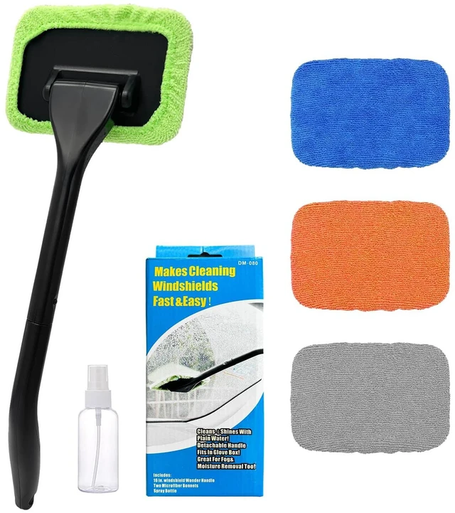 Main image of Ohleats Car Windshield Cleaning Tool, Microfiber Window Cleaner with 4 Washable Reusable Cloth Pads and Long Handle, Auto Glass Wiper Cleaning Kit with Spray Bottle, Car