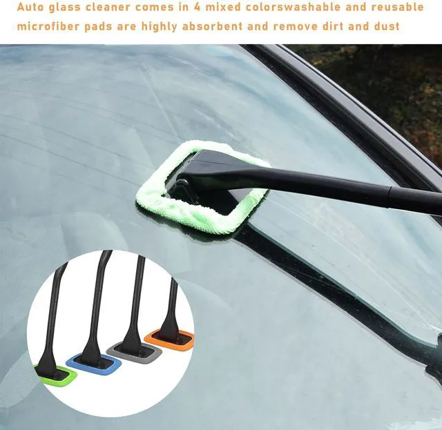 Alt view image 2 of 6 - Ohleats Car Windshield Cleaning Tool, Microfiber Window Cleaner with 4 Washable Reusable Cloth Pads and Long Handle, Auto Glass Wiper Cleaning Kit with Spray Bottle, Car