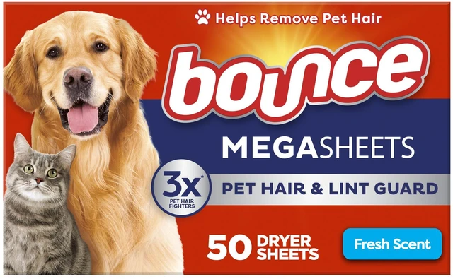 Main image of Bounce Pet Hair and Lint Guard Mega Dryer Sheets, Fresh Scent, 50 Count, with 3X Pet Hair Fighters