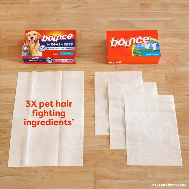Alt view image 3 of 7 - Bounce Pet Hair and Lint Guard Mega Dryer Sheets, Fresh Scent, 50 Count, with 3X Pet Hair Fighters