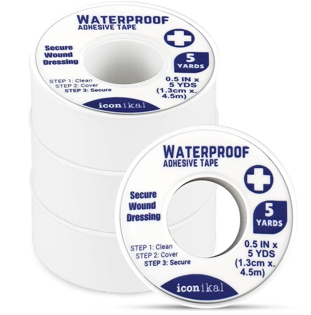 Main image of Iconikal First Aid Waterproof Adhesive Tape, 8-Pack, 0.5 x 180 Inches, White