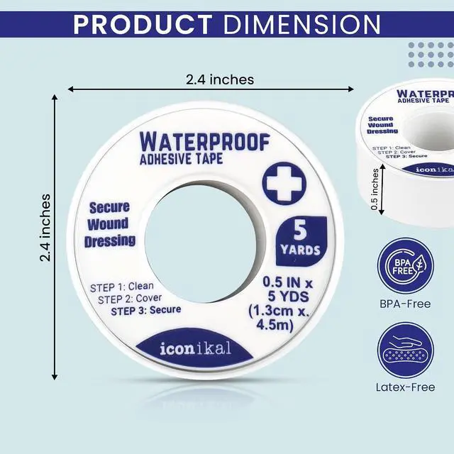 Alt view image 3 of 7 - Iconikal First Aid Waterproof Adhesive Tape, 8-Pack, 0.5 x 180 Inches, White