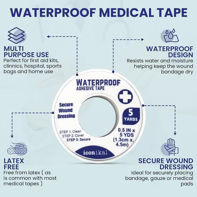 Alt view image 4 of 7 - Iconikal First Aid Waterproof Adhesive Tape, 8-Pack, 0.5 x 180 Inches, White