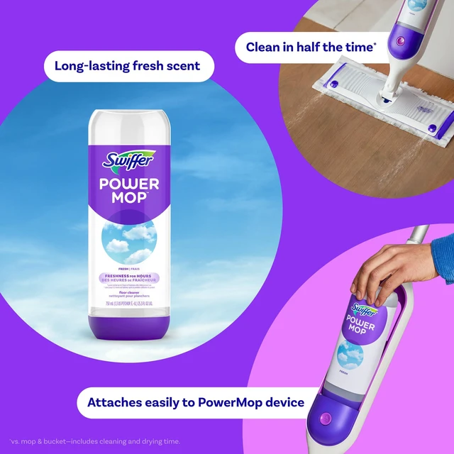 Alt view image 3 of 6 - Swiffer PowerMop Liquid Floor Cleaner Refills, Fresh Scent, 2 Count Mopping Fluid Replacement Bottle, Solution for Power Mop, Spray Mops Cleaning Juice, No Bucket Needed