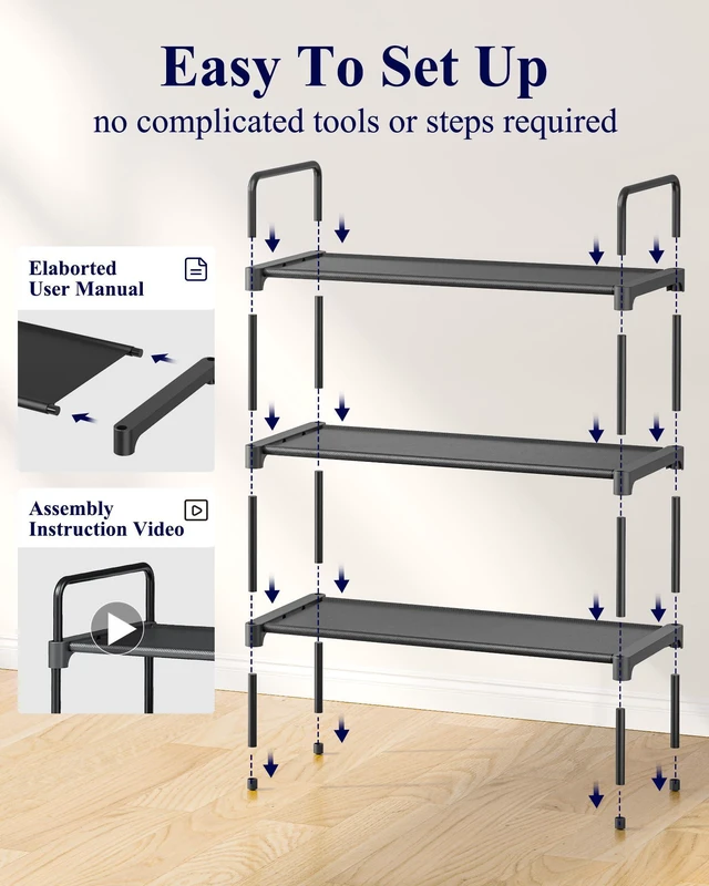 Alt view image 5 of 6 - Kitsure 3-Tier Shoe Rack, 27.6 Inches Wide, for Closet Shoe Storage, Black