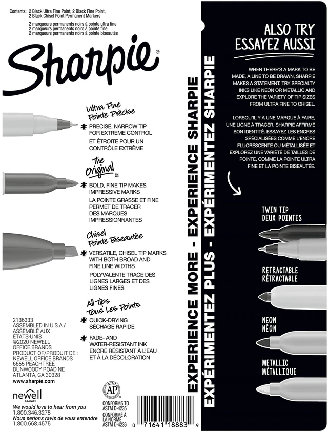 Alt view image 3 of 6 - Sharpie Permanent Markers Variety Pack, Chisel, Fine, and Ultra-Fine Tips, Black, 6 Count - Poster, Office, School Supplies