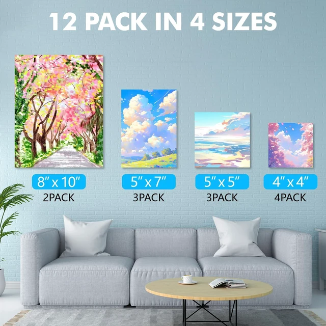Alt view image 2 of 7 - ESRICH Canvas Boards 12-Pack, 4x4, 5x5, 5x7, 8x10 - Cotton Primed Canvas Panels for Acrylic, Oil, Gouache & Tempera