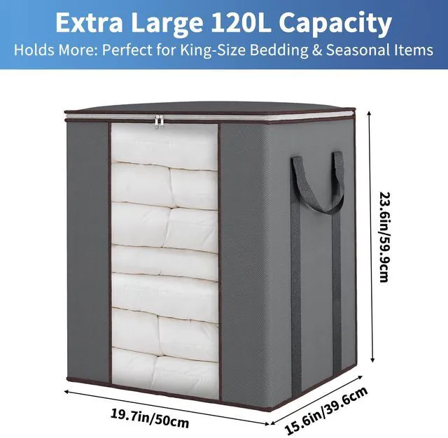 Alt view image 6 of 7 - Grey 120L Blanket Storage Bags for Comforter, Clothes, Bedding, Sheet