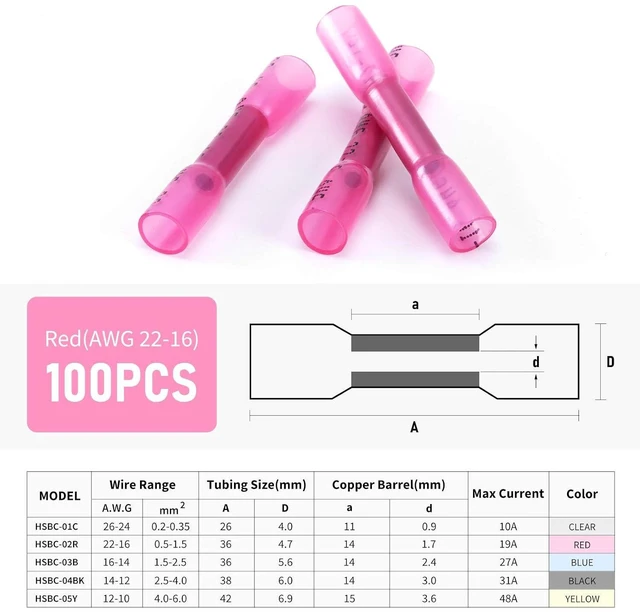 Alt view image 7 of 7 - Red Heat Shrink Butt Wire Connectors 22-16 AWG 100PCS Insulated Waterproof Automotive Marine Grade for Boat Truck