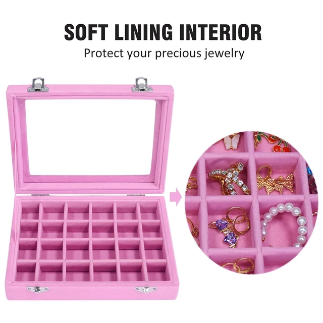Alt view image 5 of 6 - Vicoter 24 Grid Velvet Jewelry Box Ring Display Organiser Tray Holder Earrings Storage Case for Women Pink