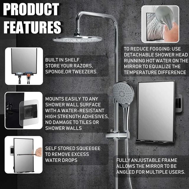 Alt view image 3 of 7 - LFOYOU Shower Mirror with Squeegee, Built-in Two Razor Holders, 360 Rotation Adjustable, for Shaving and Face Washing, Home Bathroom Accessory (Not Fogless)