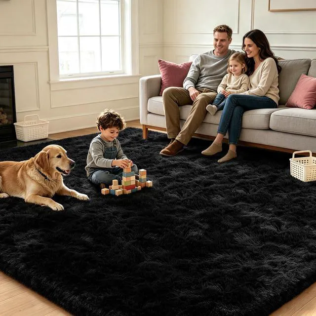 Alt view image 2 of 6 - Black 2x4 Fluffy Shag Area Rug for Bedroom