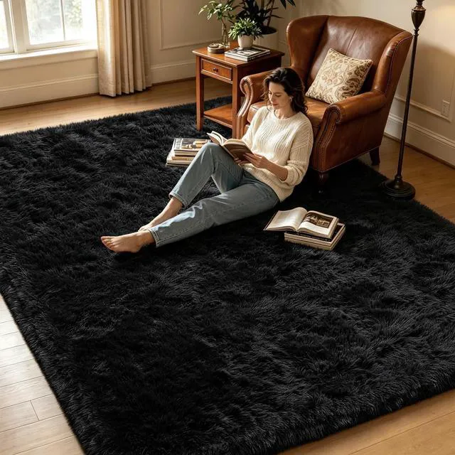 Alt view image 6 of 6 - Black 2x4 Fluffy Shag Area Rug for Bedroom