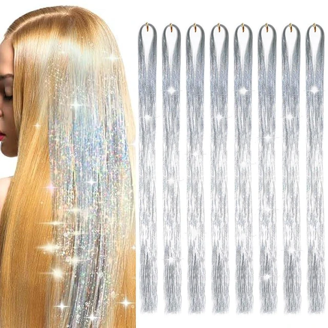 Main image of 1600 Strands Silver Hair Tinsel Extensions 50inch 8packs for Women