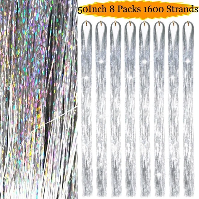 Alt view image 2 of 6 - 1600 Strands Silver Hair Tinsel Extensions 50inch 8packs for Women