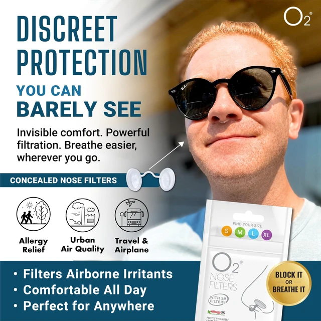 Alt view image 2 of 6 - O2 Nose Filters with 3M Filtration - Allergy, Dust & Smoke Protection - Drug-Free, Latex-Free - Invisible Trial Pack 4 Sizes