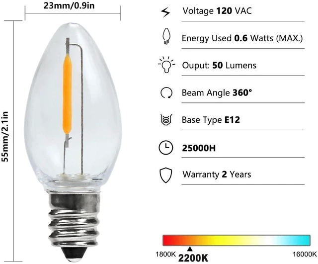 Alt view image 5 of 7 - C7 LED Night Light Bulbs, 2200K Warm White, Clear Plastic, 6 Pack