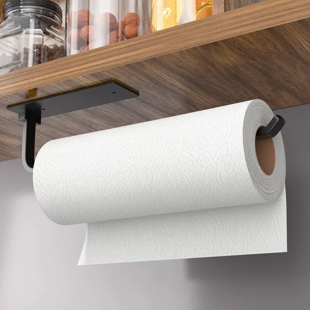 Main image of Under Cabinet Paper Towel Holder, Self-Adhesive or Drilling, Matte Black