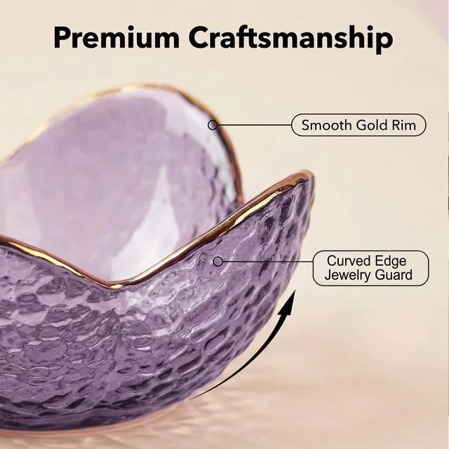 Alt view image 2 of 6 - Purple Flower Glass Jewelry Dish Ring Holder Vanity Tray Trinket Organizer Nightstand Bathroom Room Decor Gift for Women