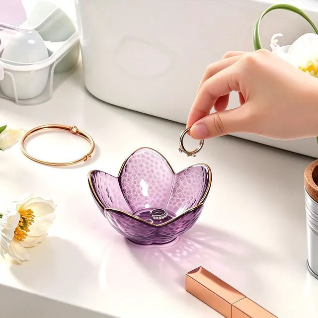 Alt view image 3 of 6 - Purple Flower Glass Jewelry Dish Ring Holder Vanity Tray Trinket Organizer Nightstand Bathroom Room Decor Gift for Women