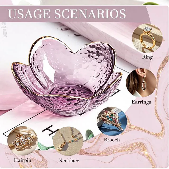 Alt view image 6 of 6 - Purple Flower Glass Jewelry Dish Ring Holder Vanity Tray Trinket Organizer Nightstand Bathroom Room Decor Gift for Women