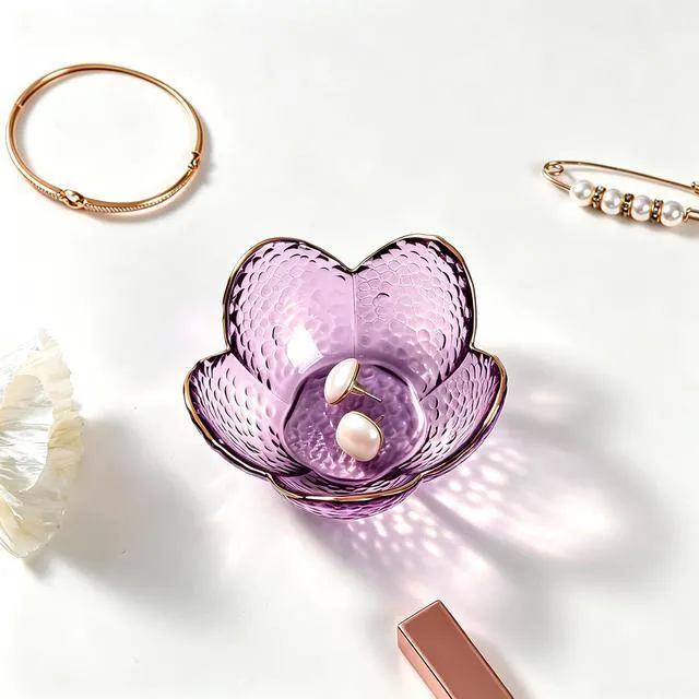 Alt view image 5 of 6 - Purple Flower Glass Jewelry Dish Ring Holder Vanity Tray Trinket Organizer Nightstand Bathroom Room Decor Gift for Women