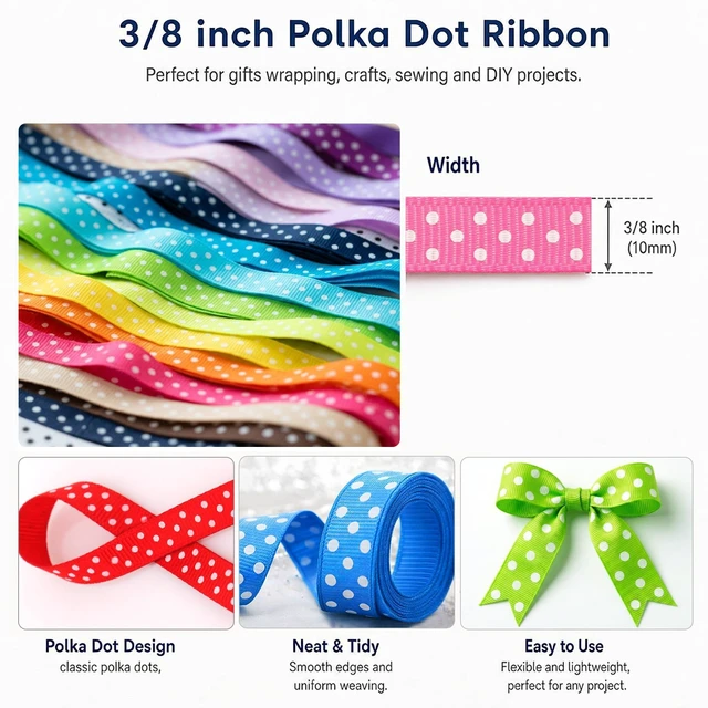Alt view image 7 of 7 - QingHan 3/8" x 40yd Grosgrain Ribbon, Boutique Polka Dot Fabric Ribbon (20 x 2yd)