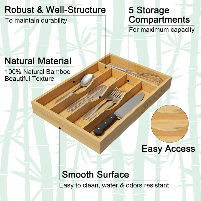 Alt view image 5 of 7 - Bamboo Utensil Organizer for Kitchen Drawers, 5 Slots Wood Drawer Dividers, Utensil Tray and Cutlery Silverware Holder, 2 Pack