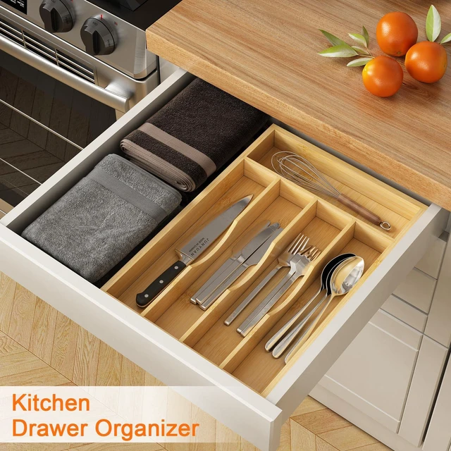 Alt view image 3 of 7 - Bamboo Utensil Organizer for Kitchen Drawers, 5 Slots Wood Drawer Dividers, Utensil Tray and Cutlery Silverware Holder, 2 Pack