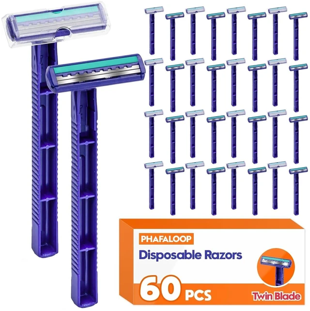 Main image of Twin Blade Disposable Razors, Bulk 60 Pack, Blue