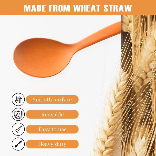 Alt view image 2 of 6 - 8-Piece 10-Inch Plastic Wheat Straw Serving & Slotted Spoons Set for Party Buffet Catering (Orange/Blue/Yellow/Green, Not for Cooking)