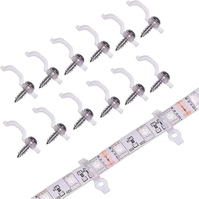 Main image of 100 Pack 10mm Wide IP65 Waterproof 5050 LED Strip Light Mounting Bracket and Transparent Fixing Clips, One Side Fixing, with 100 Screws