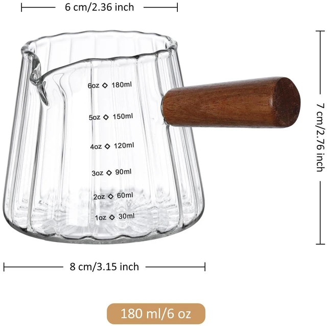 Alt view image 3 of 6 - Joeyan 6 oz Glass Measuring Cups with Spout,Borosilicate Glass Triple Pitcher with Scale,Origami Style Espresso Shot Glasses with Wood Handle for Coffee Milk,Dishwasher Safe