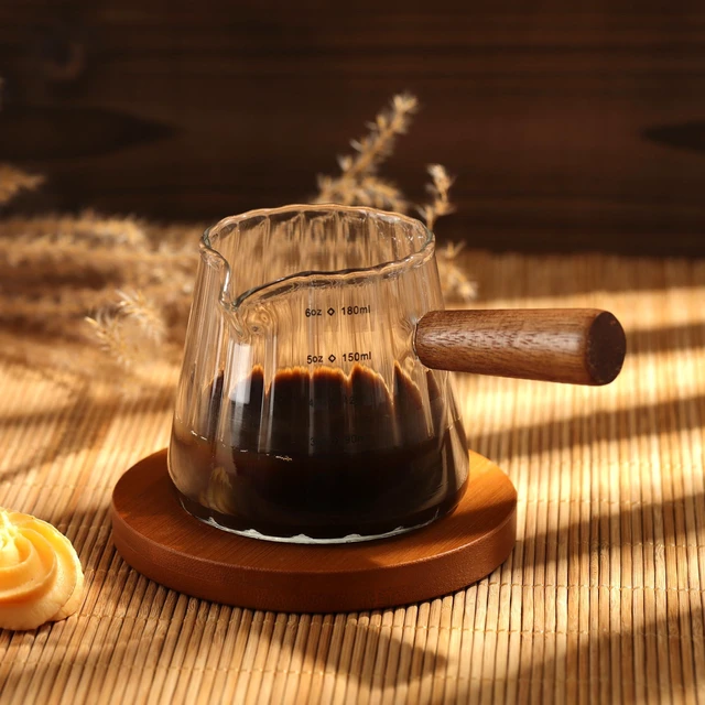 Alt view image 5 of 6 - Joeyan 6 oz Glass Measuring Cups with Spout,Borosilicate Glass Triple Pitcher with Scale,Origami Style Espresso Shot Glasses with Wood Handle for Coffee Milk,Dishwasher Safe